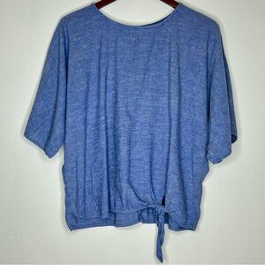 Linen Blend Blouse Relaxed Tie Front L Blue  Boho Casual